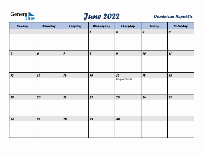 June 2022 Calendar with Holidays in Dominican Republic