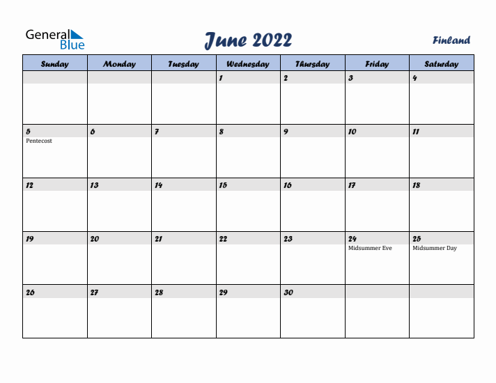 June 2022 Calendar with Holidays in Finland