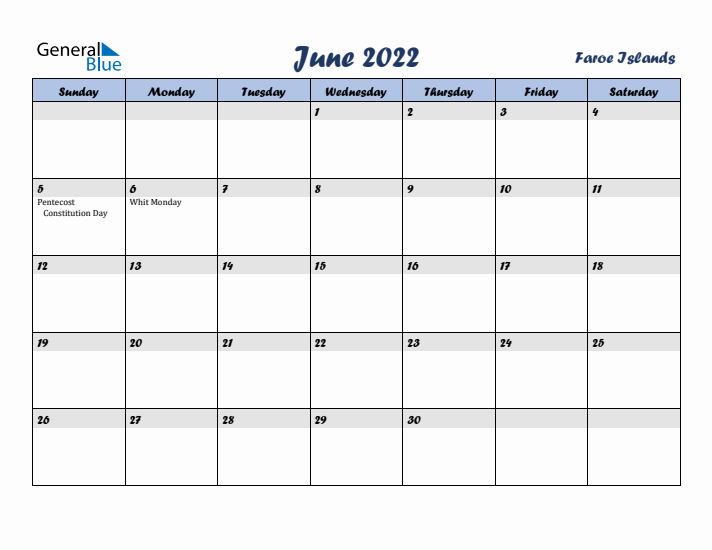 June 2022 Calendar with Holidays in Faroe Islands