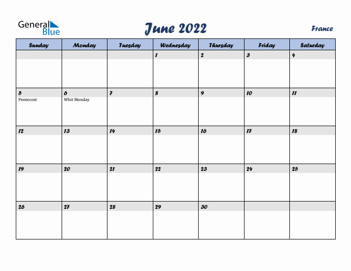 June 2022 Calendar with Holidays in France