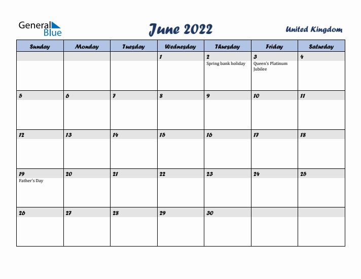 June 2022 Calendar with Holidays in United Kingdom