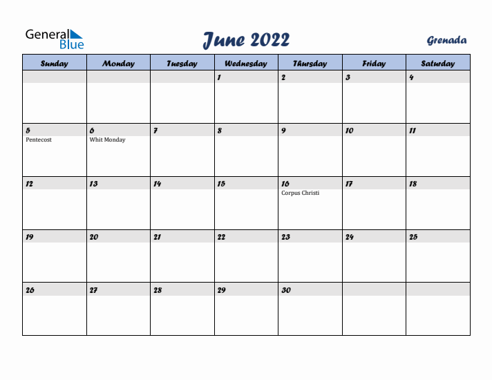 June 2022 Calendar with Holidays in Grenada