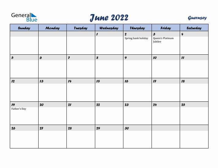 June 2022 Calendar with Holidays in Guernsey