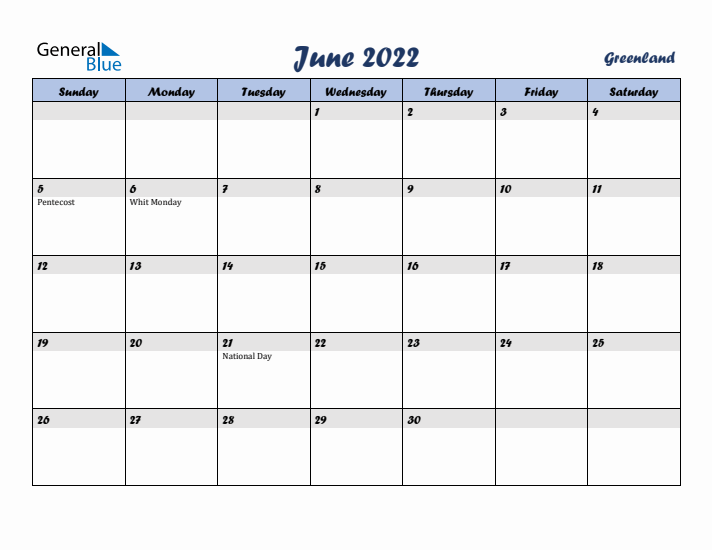 June 2022 Calendar with Holidays in Greenland