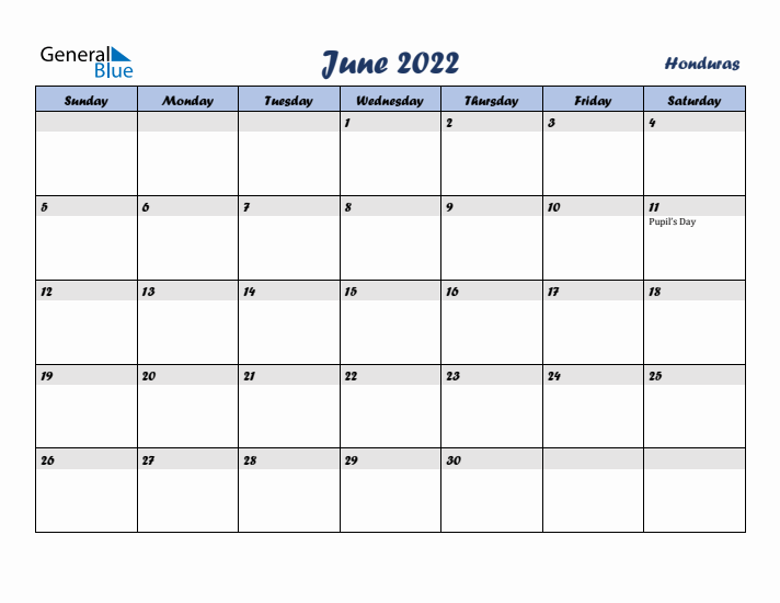 June 2022 Calendar with Holidays in Honduras
