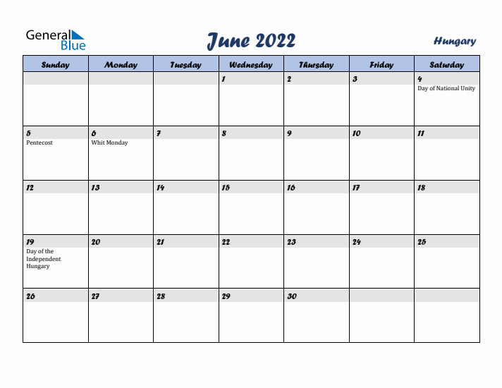 June 2022 Calendar with Holidays in Hungary