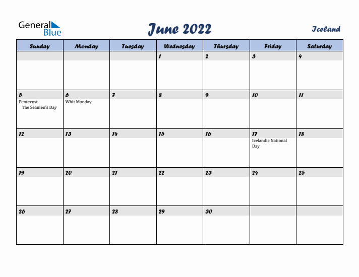 June 2022 Calendar with Holidays in Iceland