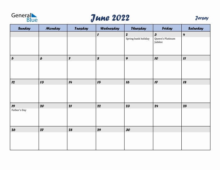 June 2022 Calendar with Holidays in Jersey