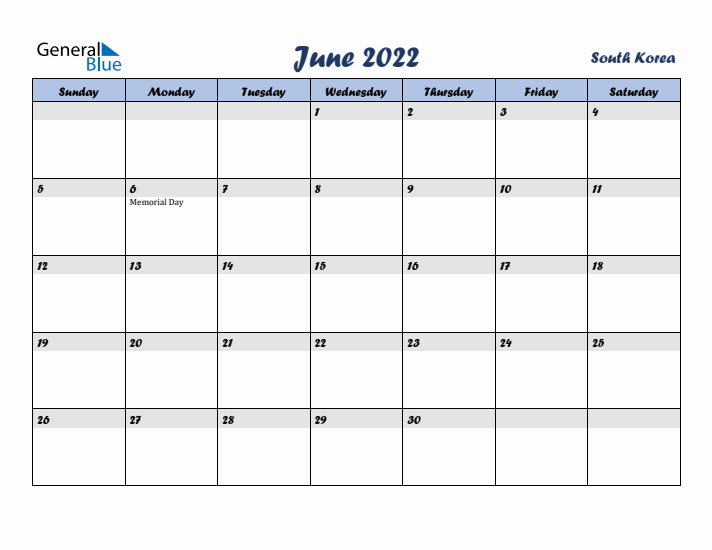June 2022 Calendar with Holidays in South Korea