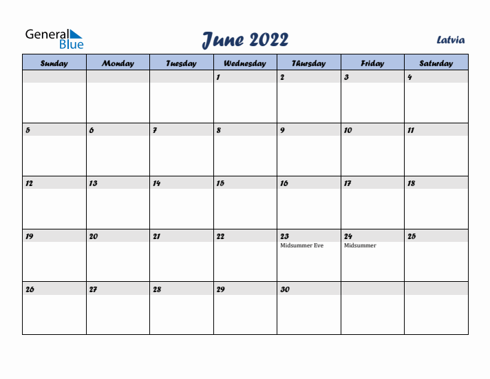 June 2022 Calendar with Holidays in Latvia