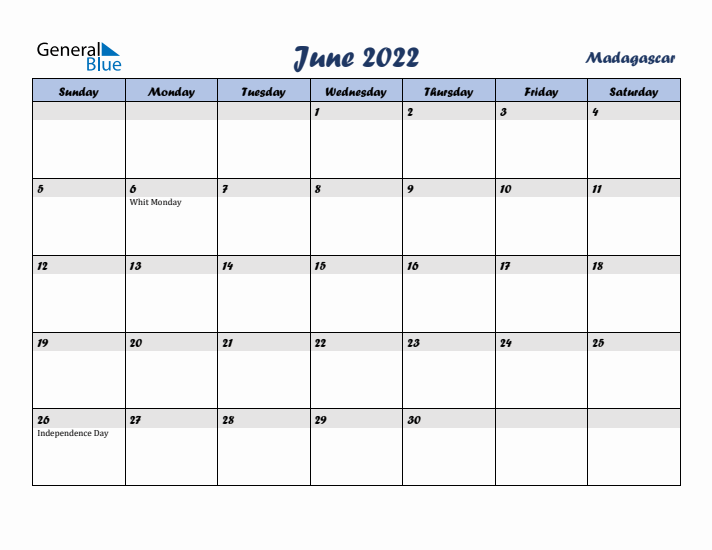 June 2022 Calendar with Holidays in Madagascar