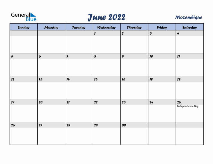 June 2022 Calendar with Holidays in Mozambique