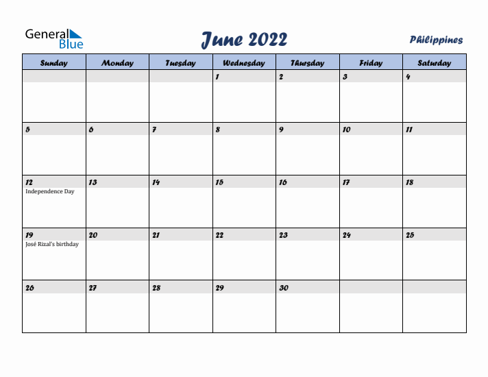 June 2022 Calendar with Holidays in Philippines