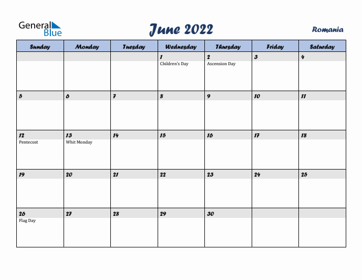 June 2022 Calendar with Holidays in Romania