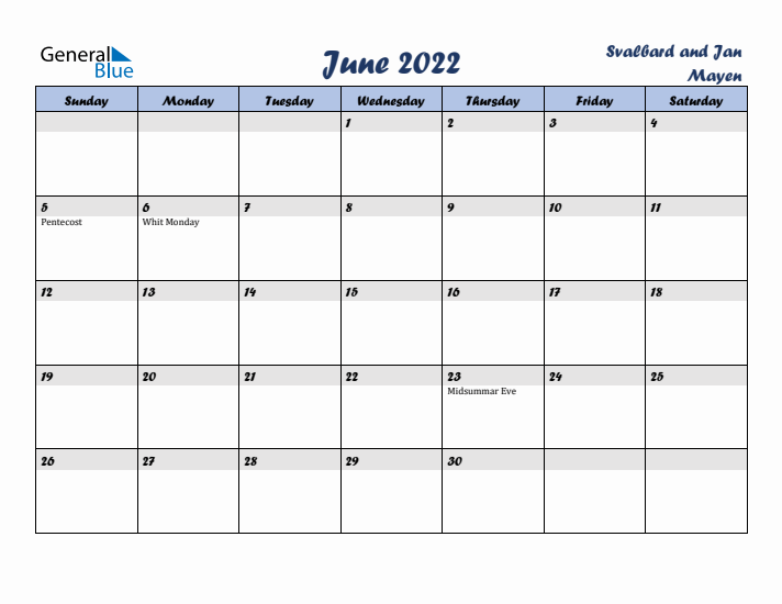 June 2022 Calendar with Holidays in Svalbard and Jan Mayen