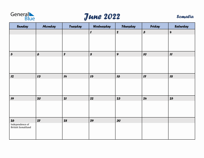 June 2022 Calendar with Holidays in Somalia