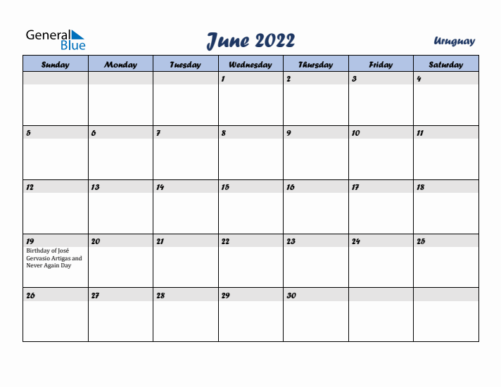 June 2022 Calendar with Holidays in Uruguay