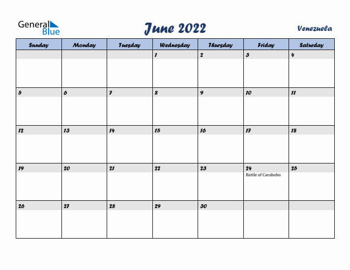 June 2022 Calendar with Holidays in Venezuela