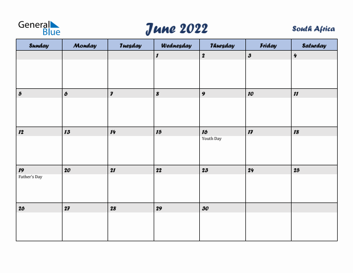 June 2022 Calendar with Holidays in South Africa