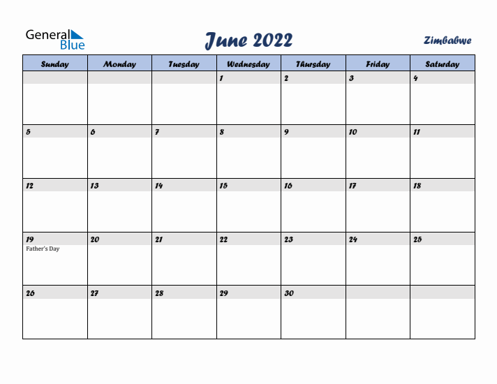 June 2022 Calendar with Holidays in Zimbabwe