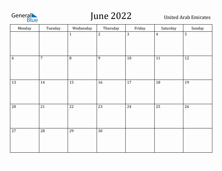 June 2022 Calendar United Arab Emirates