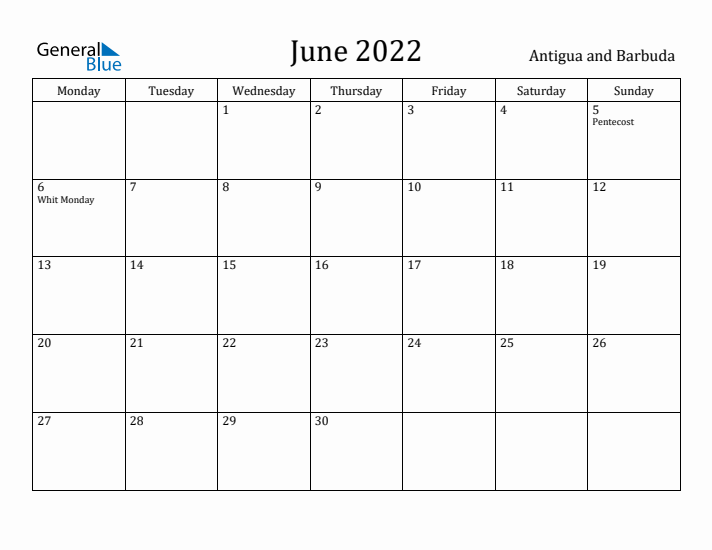 June 2022 Calendar Antigua and Barbuda