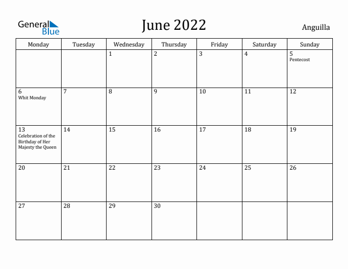 June 2022 Calendar Anguilla