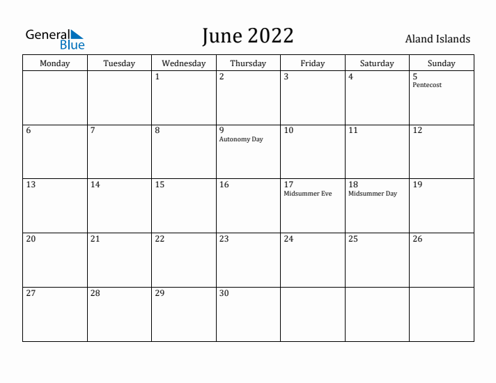June 2022 Calendar Aland Islands