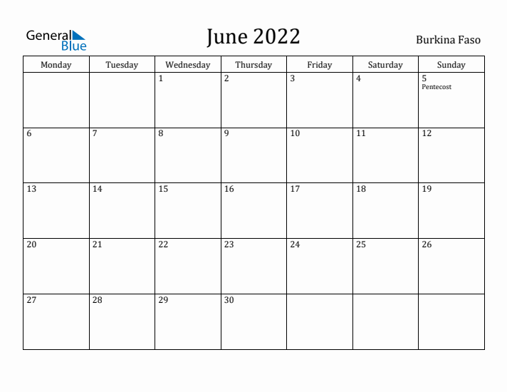 June 2022 Calendar Burkina Faso