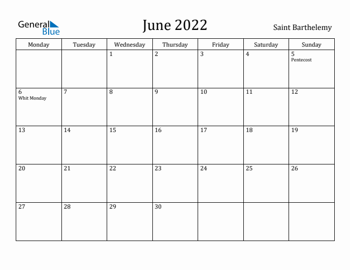 June 2022 Calendar Saint Barthelemy