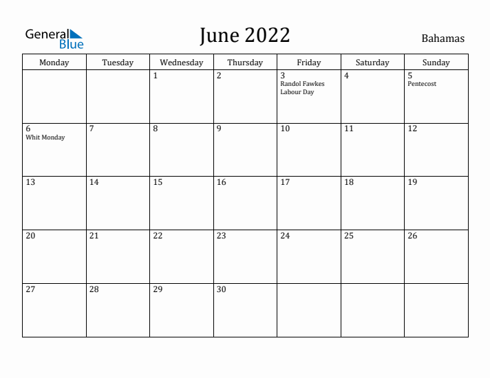 June 2022 Calendar Bahamas