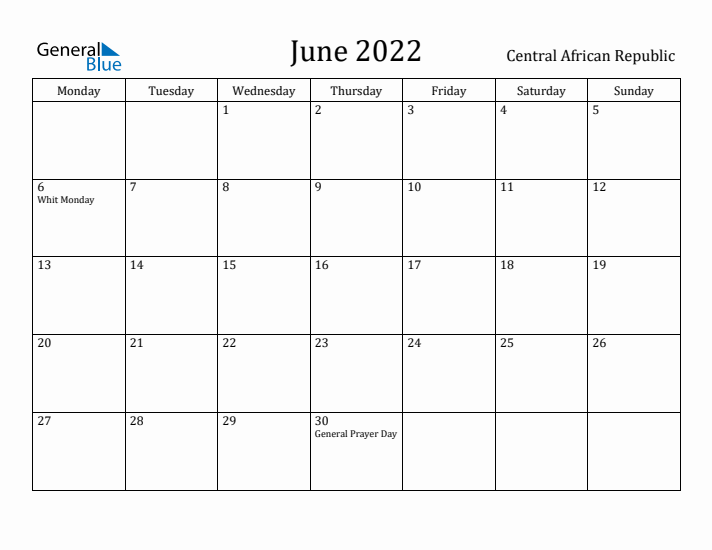 June 2022 Calendar Central African Republic