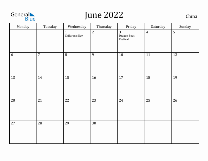 June 2022 Calendar China