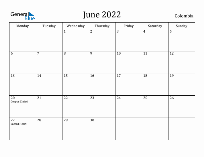 June 2022 Calendar Colombia