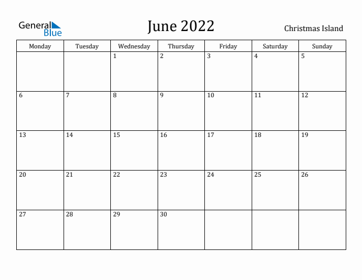 June 2022 Calendar Christmas Island