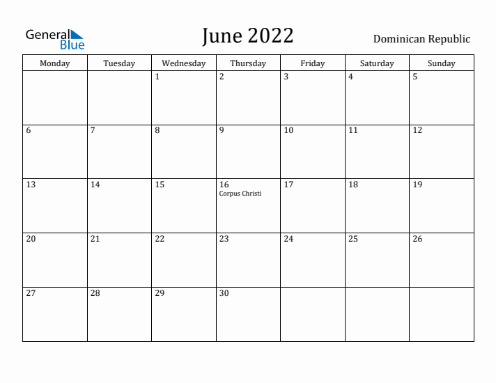 June 2022 Calendar Dominican Republic