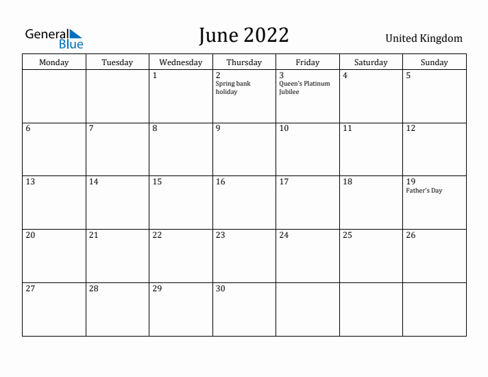 June 2022 Calendar United Kingdom