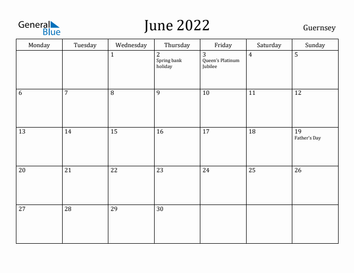 June 2022 Calendar Guernsey