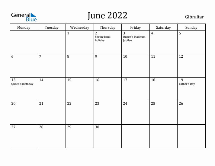 June 2022 Calendar Gibraltar