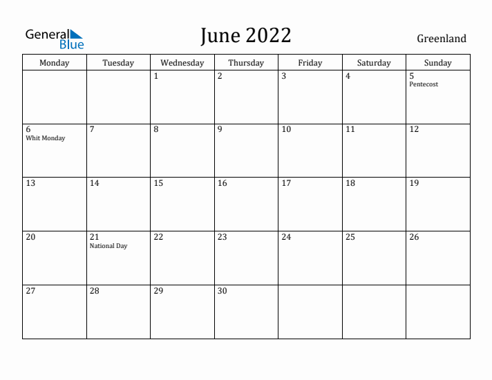 June 2022 Calendar Greenland
