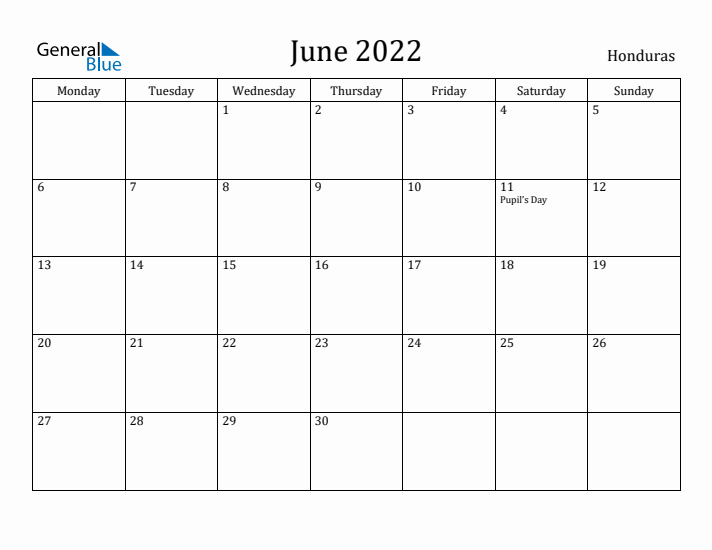 June 2022 Calendar Honduras