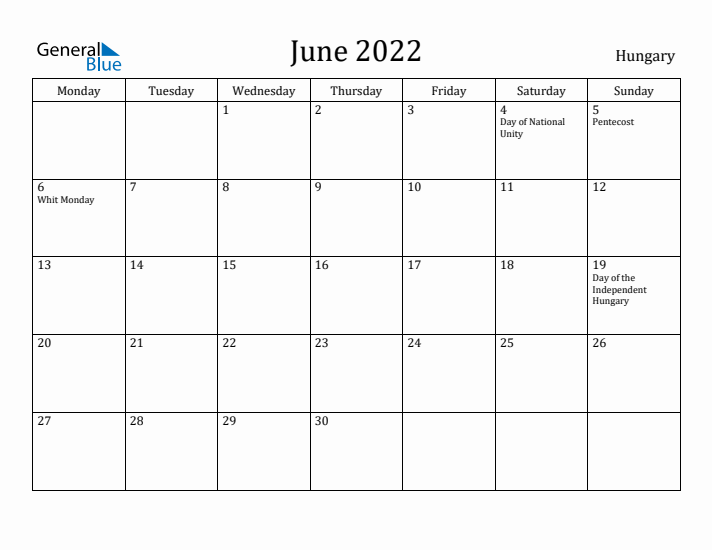 June 2022 Calendar Hungary
