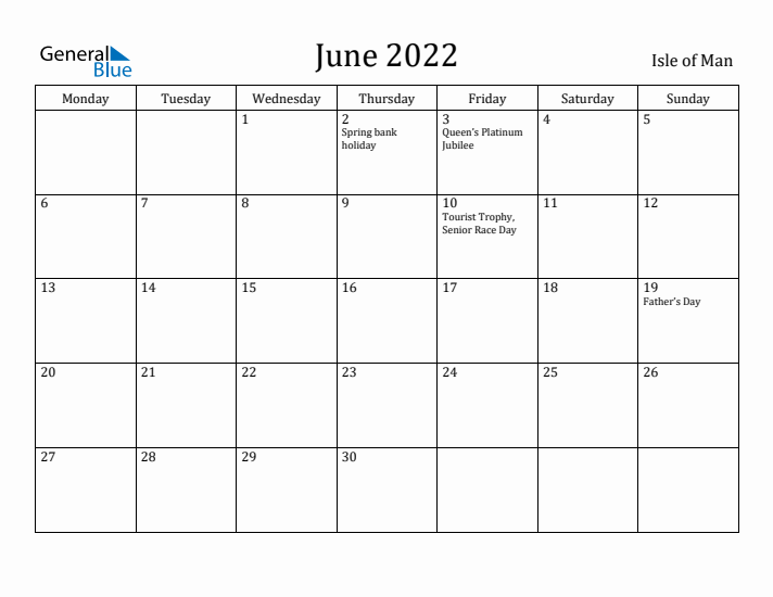June 2022 Calendar Isle of Man