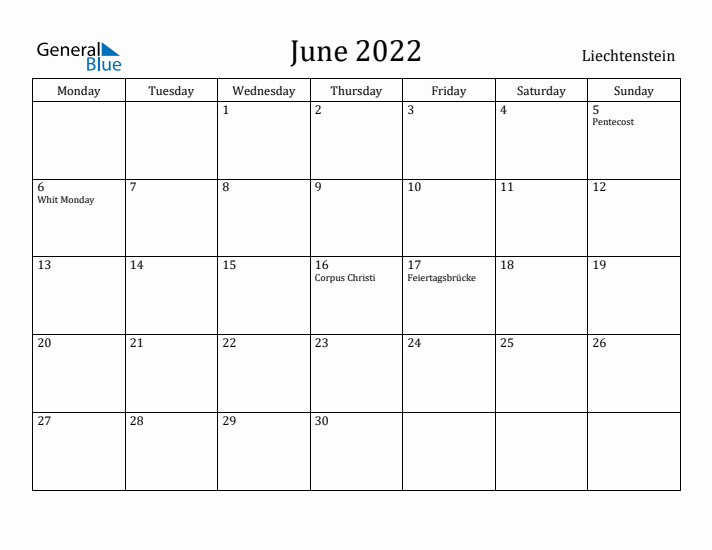 June 2022 Calendar Liechtenstein