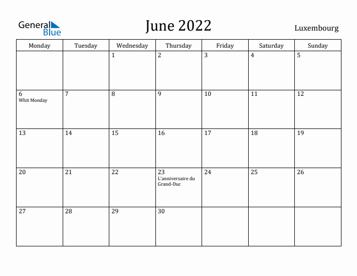 June 2022 Calendar Luxembourg
