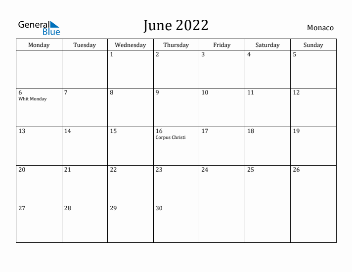 June 2022 Calendar Monaco
