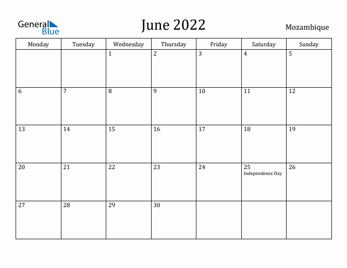 June 2022 Calendar Mozambique