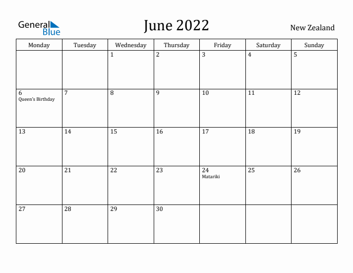June 2022 Calendar New Zealand