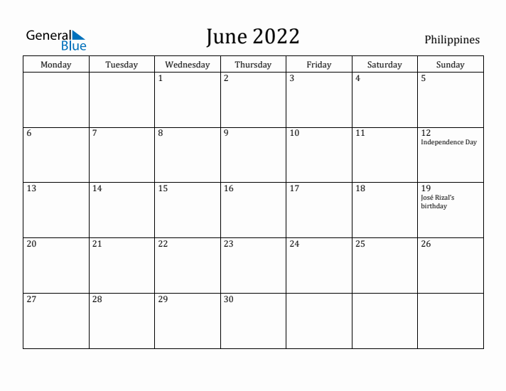 June 2022 Calendar Philippines