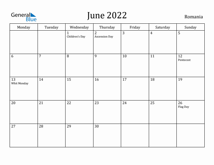 June 2022 Calendar Romania